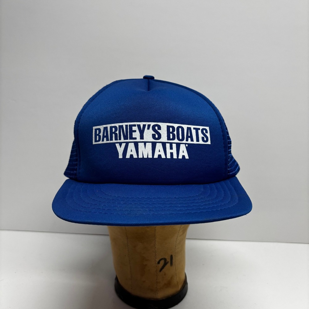 Vintage 80s Barneys Boats Yamaha Trucker Hat Blue Mesh Snapback Cap K-Caps Mens